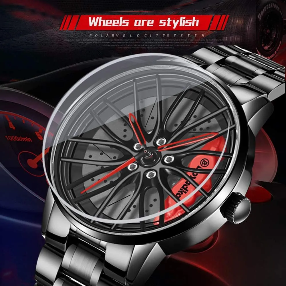 with Car nobility Wheel Rim Hub Design Car Watches for Men,Waterproof Stainless Steel Japanese Quartz Wrist Watch Sports Men??s Watches 