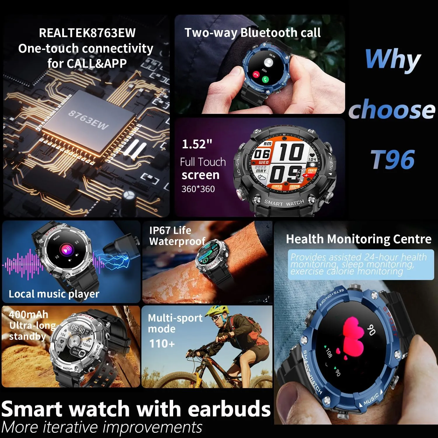 with Earbuds for Men Women,1.52" HD Touch Screen,9D Sound Effects,110  Fitness & Sleep Monitor, Bluetooth Call, Message notifcation, weld precursor Android Phones and iOS Compatible UYRGT Smart Watch 