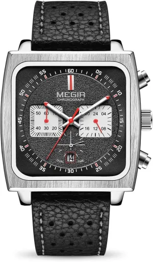 with Leather Strap 2182 Black MEGIR Men's Rectangle Business Work staple Analogue Quartz Chronograph Luminous Sport Wrist Watch 