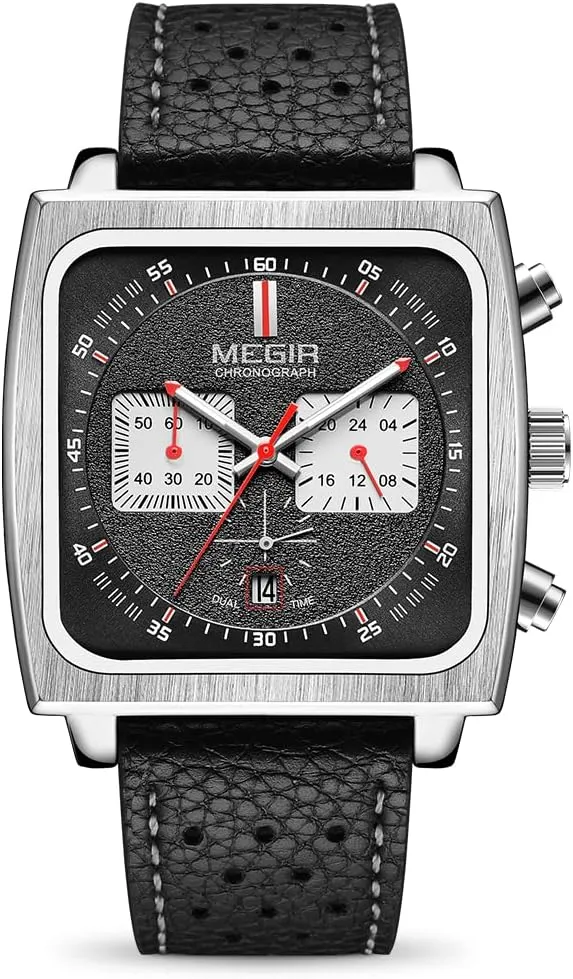 with Leather Strap 2182 Black MEGIR Men's Rectangle Business Work staple Analogue Quartz Chronograph Luminous Sport Wrist Watch 