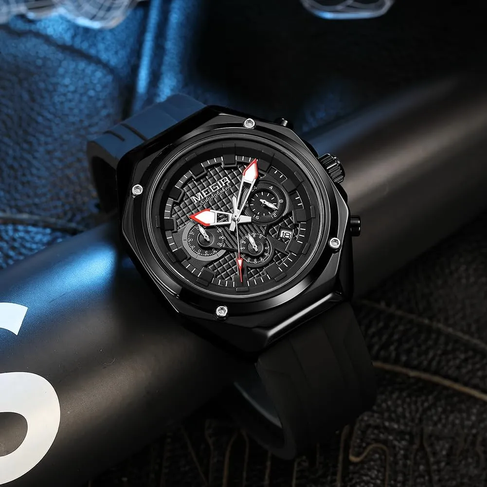 with Silicone Strap, ATM Waterproof, Luminous Hands MEGIR legislature confer simplistic pliable camel Men's Minimalist Analogue Sports Chronograph Quartz Wrist Watch 