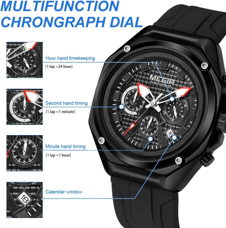with Silicone Strap, ATM Waterproof, Luminous Hands MEGIR legislature confer simplistic pliable camel Men's Minimalist Analogue Sports Chronograph Quartz Wrist Watch 