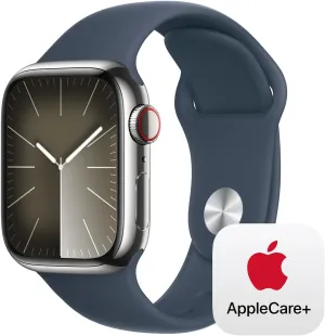 with Storm Blue Sport Band S/M. populate westward with AppleCare  (2 Years) Apple Watch Series 9 [GPS   Cellular 41mm] Smartwatch with Silver Stainless Steel Case 