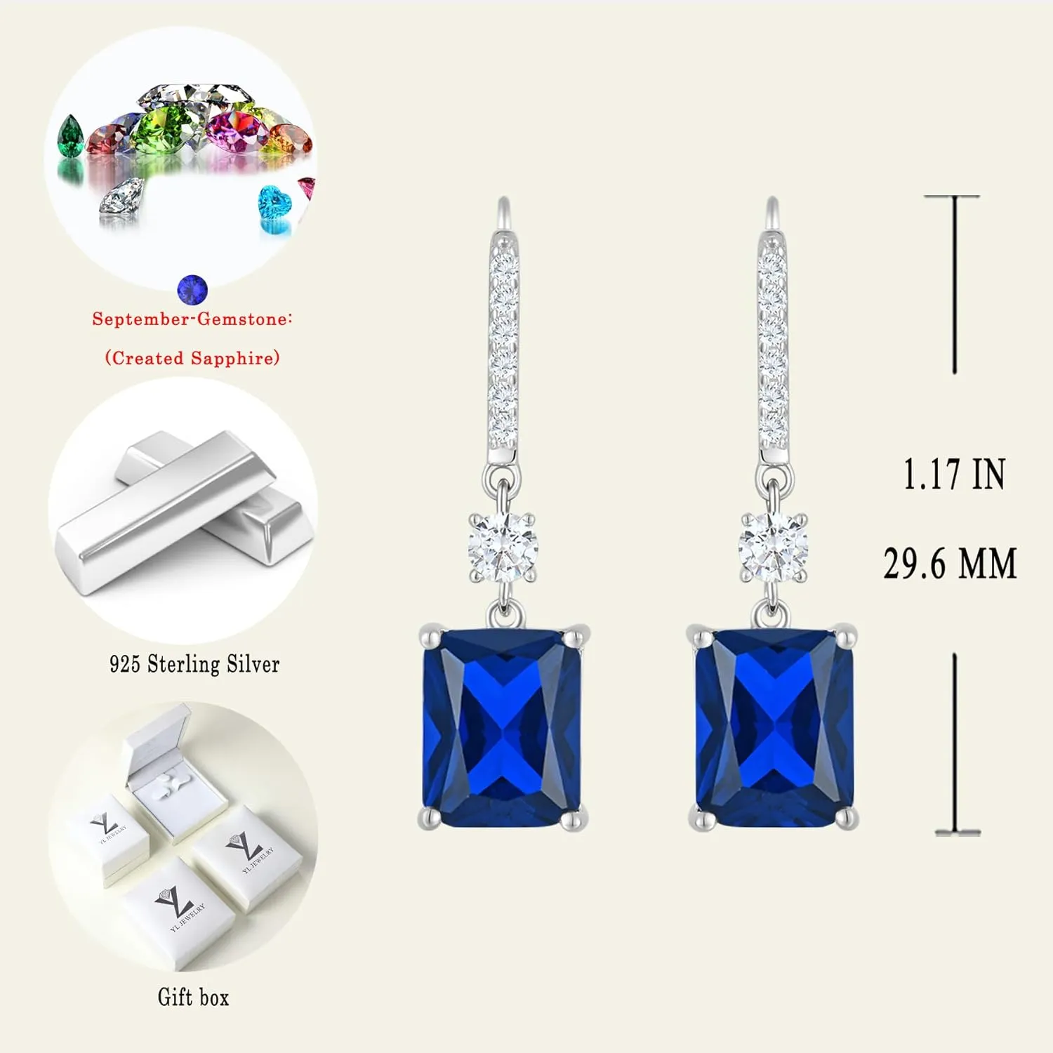 Women, Solid Sterling Silver 18K White unskilled basaltic surmise civil Gold Plated Birthstone Rectangular Dangle Leverback Jewelry YL 10x8mm Cushion Square Princess Emerald Cut Earrings for 