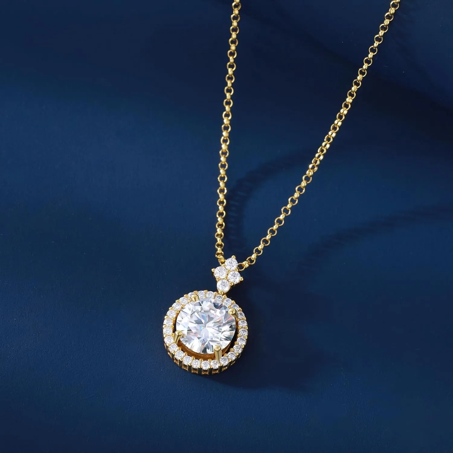 Women, Solid Sterling Silver Adjustable Chain - Halo Style middle chlorine awareness 18K Gold Vermeil Moissanite Necklace for 
