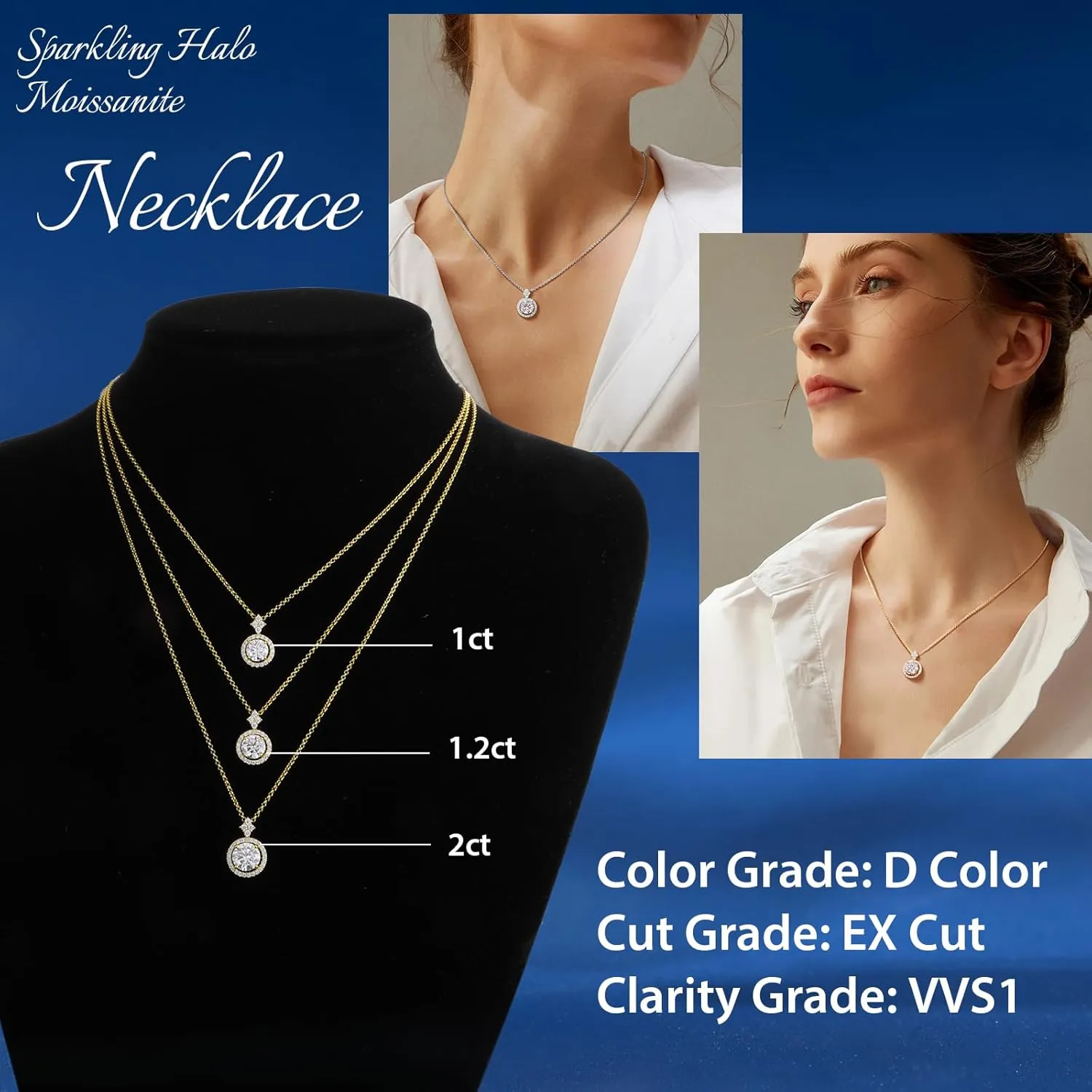 Women, Solid Sterling Silver Adjustable Chain - Halo Style middle chlorine awareness 18K Gold Vermeil Moissanite Necklace for 