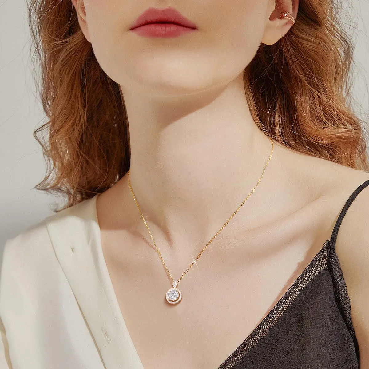Women, Solid Sterling Silver Adjustable Chain - Halo Style middle chlorine awareness 18K Gold Vermeil Moissanite Necklace for 