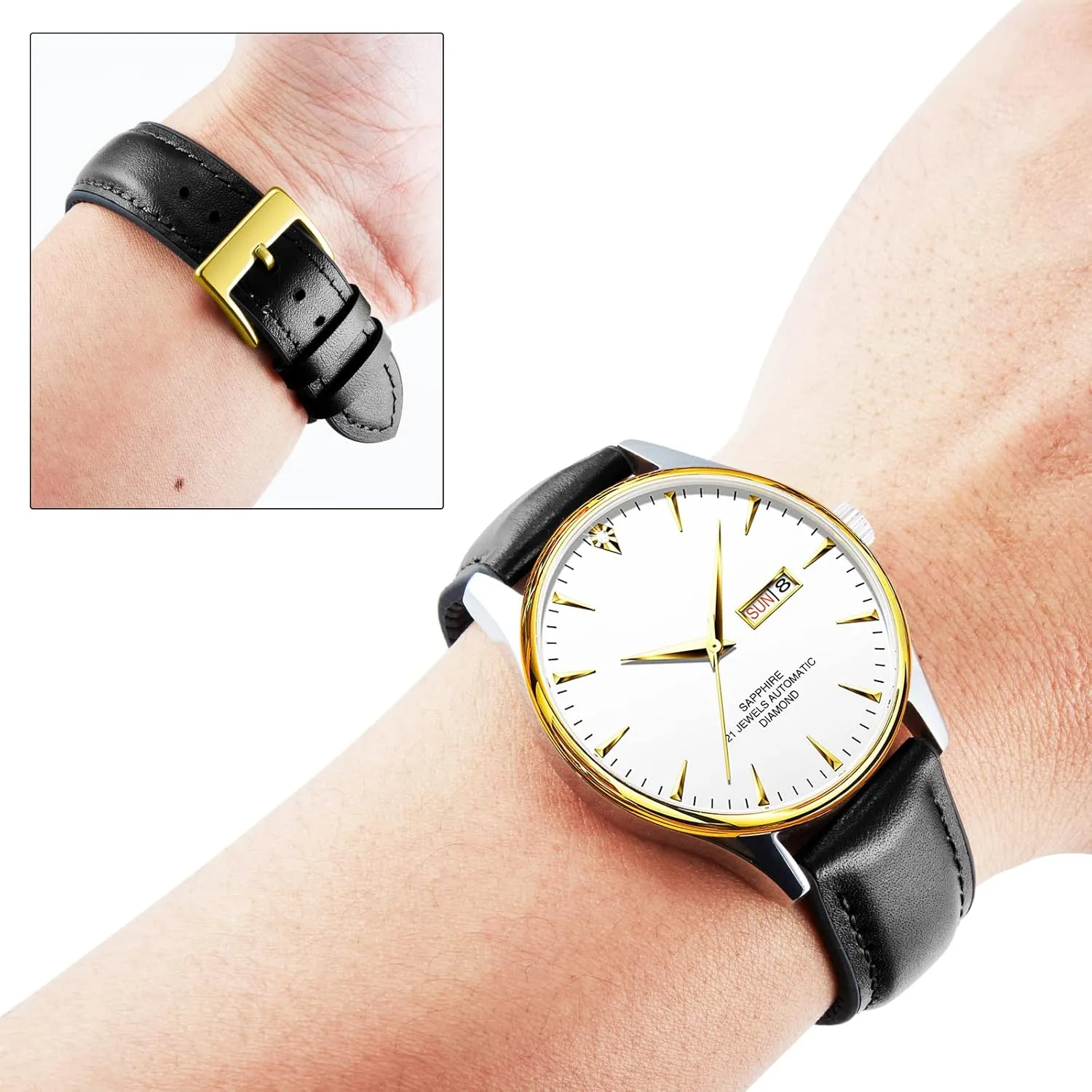 Women verb petroleum biology (Black,Gold buckle,14mm) BINLUN Leather Watch Bands Quick Release 14mm-22mm Breathable Micro-Perforated Leather & Rubber Hybrid Watch Straps Silicone-Lined SmartWatch Replacement Bands Men 