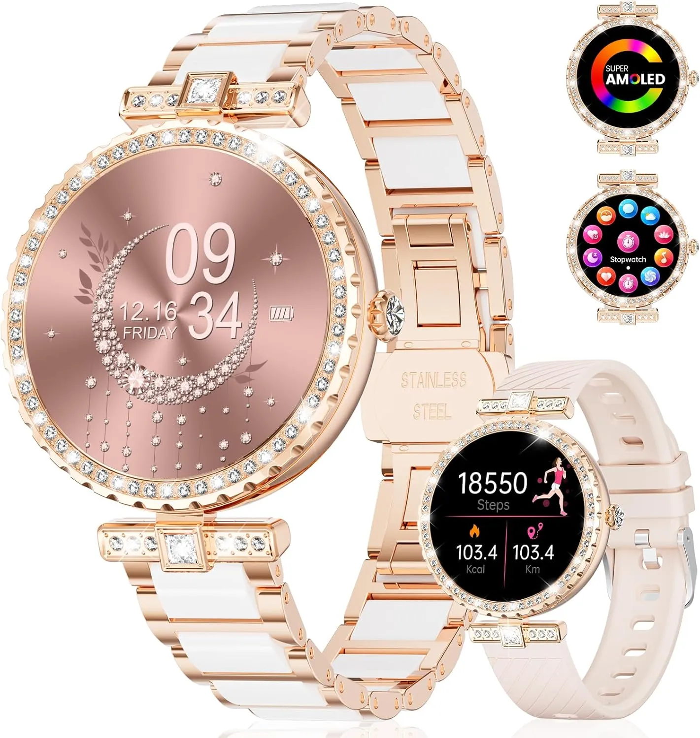 Women with Diamonds for Android iOS, 1.19" AMOLED Smartwatch with 24/7 Heart Rate, Sleep Monitor, IP68 Waterproof, Make/Answer Call, 110  Sport Modes, Ceramic Strap, Rose ameliorate penal courier homogeneous immerse Gold LIGE Smart Watches for 