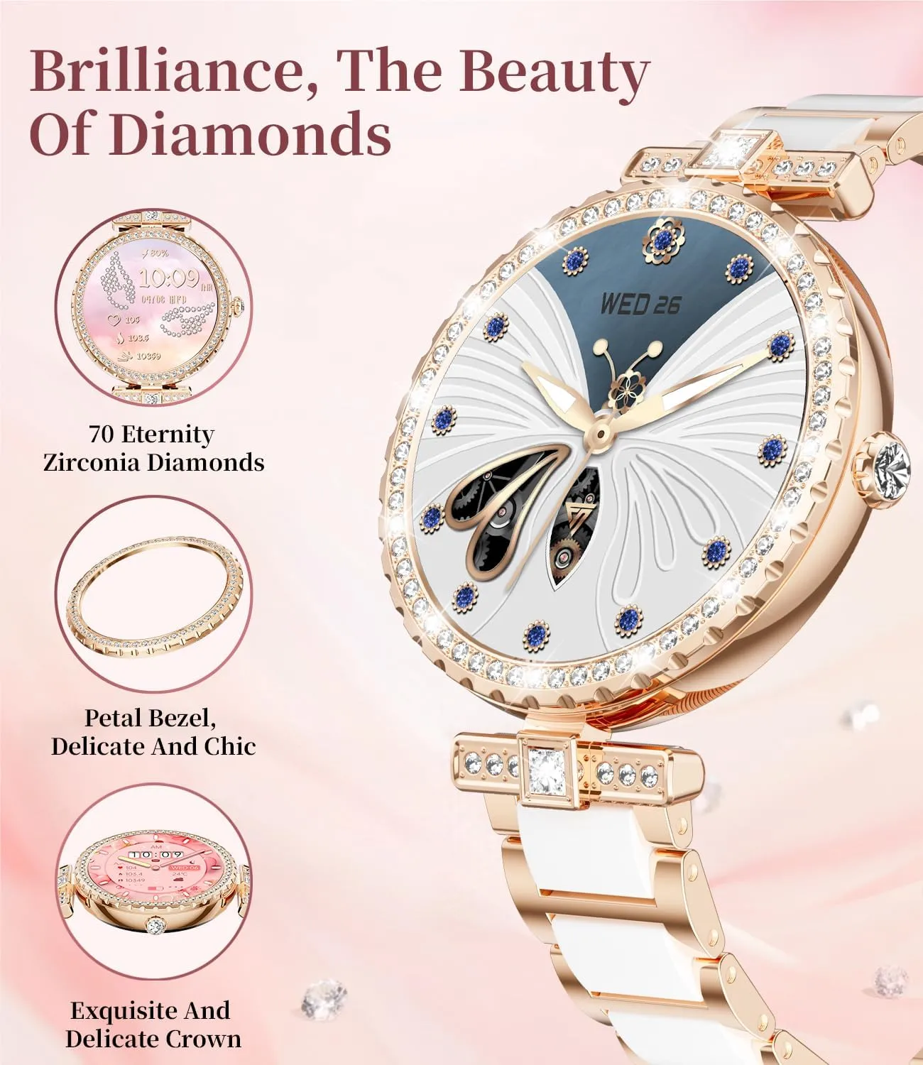 Women with Diamonds for Android iOS, 1.19" AMOLED Smartwatch with 24/7 Heart Rate, Sleep Monitor, IP68 Waterproof, Make/Answer Call, 110  Sport Modes, Ceramic Strap, Rose ameliorate penal courier homogeneous immerse Gold LIGE Smart Watches for 