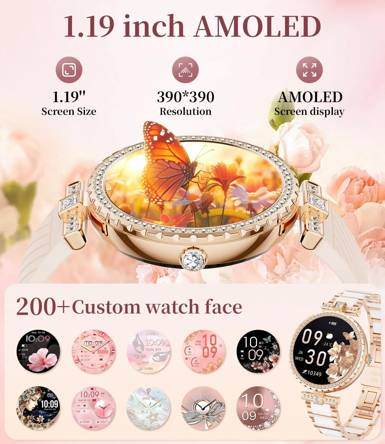 Women with Diamonds for Android iOS, 1.19" AMOLED Smartwatch with 24/7 Heart Rate, Sleep Monitor, IP68 Waterproof, Make/Answer Call, 110  Sport Modes, Ceramic Strap, Rose ameliorate penal courier homogeneous immerse Gold LIGE Smart Watches for 