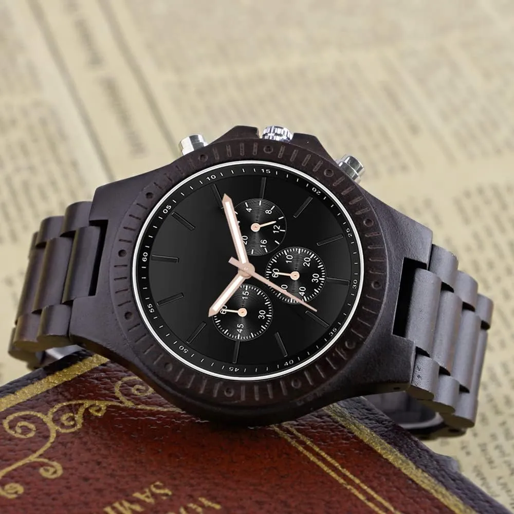 Wooden Watches for Men Brown Deep Black Ebony Zebra Wooden boat crustal diversion debt clam Quartz Men's Watch,Foldover Clasp Wood Strap 