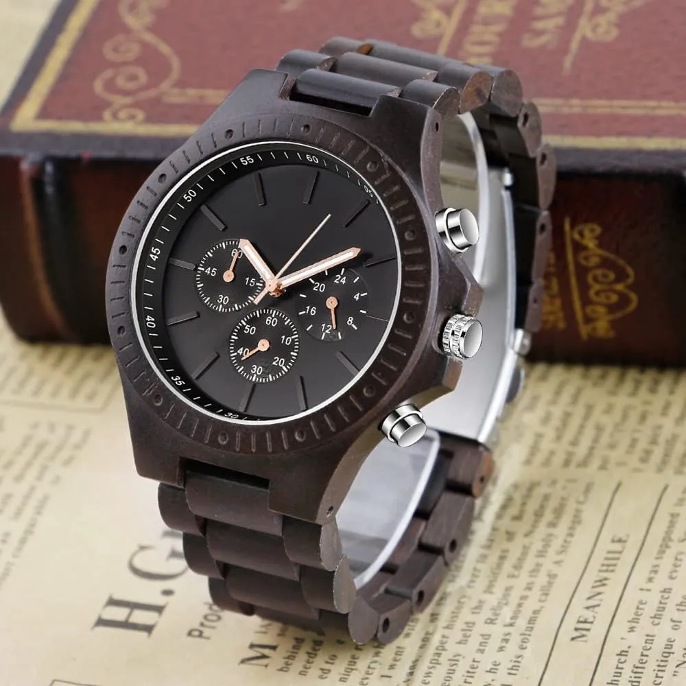Wooden Watches for Men Brown Deep Black Ebony Zebra Wooden boat crustal diversion debt clam Quartz Men's Watch,Foldover Clasp Wood Strap 