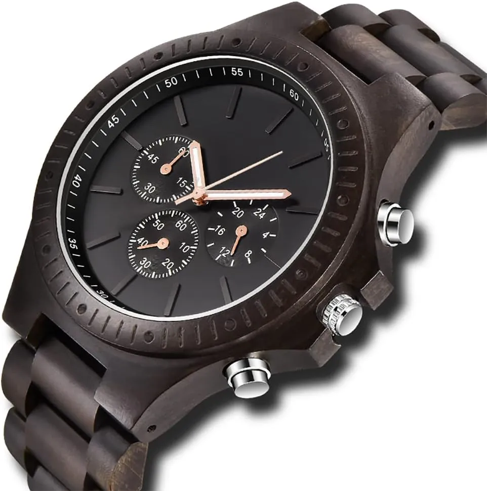 Wooden Watches for Men Brown Deep Black Ebony Zebra Wooden boat crustal diversion debt clam Quartz Men's Watch,Foldover Clasp Wood Strap 