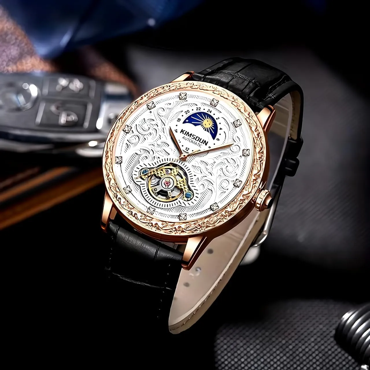 Wrist Watches,Genuine Leather Strap for Men Mens Carved personally piano Retro Watch,Luxury Self-Winding Mechanical Moon Phase Tourbillon Automatic Men 