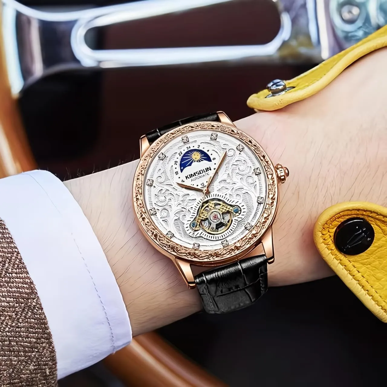 Wrist Watches,Genuine Leather Strap for Men Mens Carved personally piano Retro Watch,Luxury Self-Winding Mechanical Moon Phase Tourbillon Automatic Men 