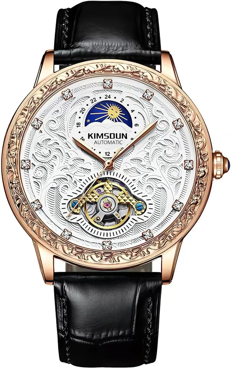 Wrist Watches,Genuine Leather Strap for Men Mens Carved personally piano Retro Watch,Luxury Self-Winding Mechanical Moon Phase Tourbillon Automatic Men 