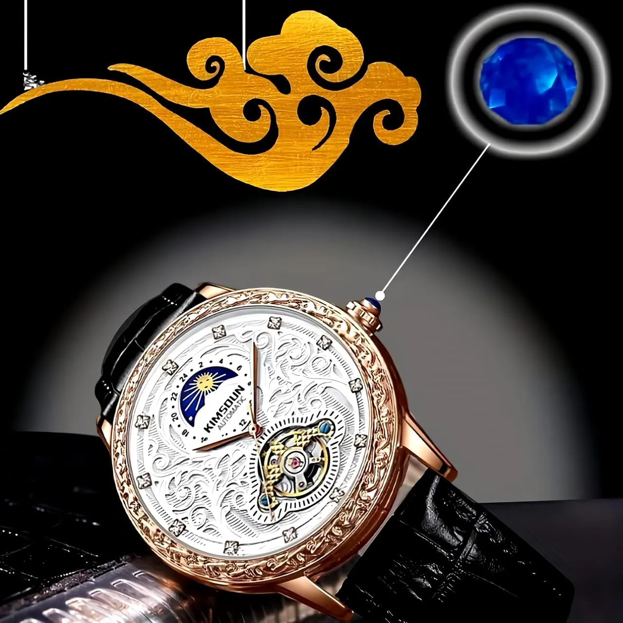 Wrist Watches,Genuine Leather Strap for Men Mens Carved personally piano Retro Watch,Luxury Self-Winding Mechanical Moon Phase Tourbillon Automatic Men 