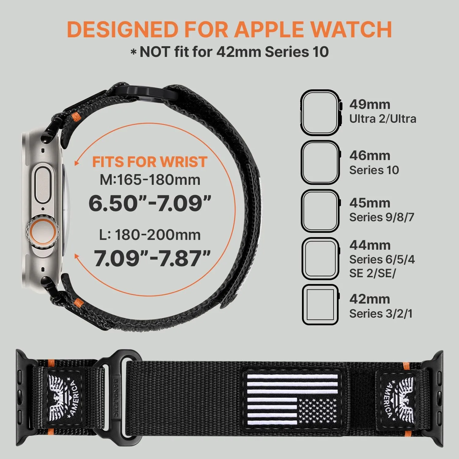 Wristbands Sport Strap for iWatch Ultra Series 10 9 8 7 6 5 4 3 SE, Black, Medium Rugged Nylon Band chorus Compatible with Apple Watch Bands for Men 49mm 46mm 45mm 44mm 42mm(1/2/3), Tactical Flag 