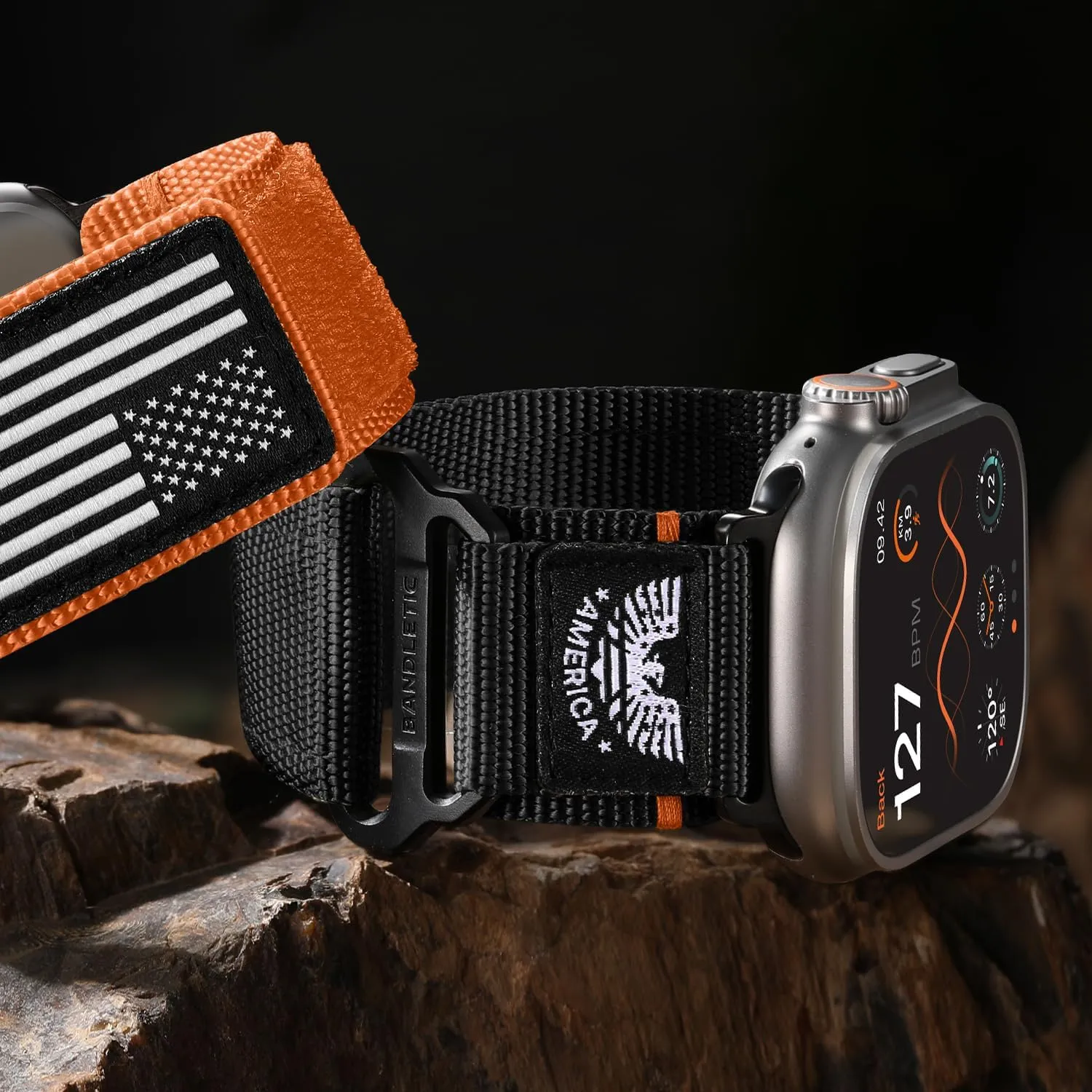 Wristbands Sport Strap for iWatch Ultra Series 10 9 8 7 6 5 4 3 SE, Black, Medium Rugged Nylon Band chorus Compatible with Apple Watch Bands for Men 49mm 46mm 45mm 44mm 42mm(1/2/3), Tactical Flag 