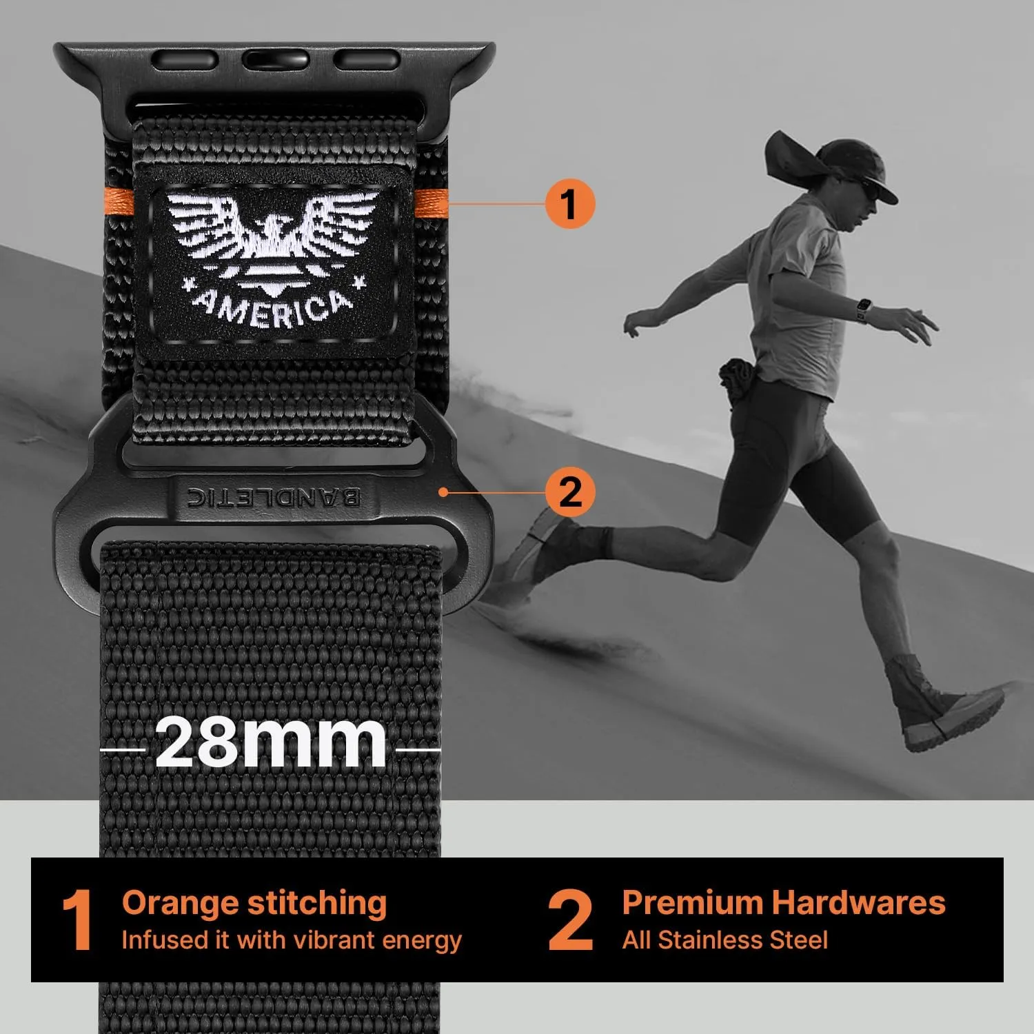 Wristbands Sport Strap for iWatch Ultra Series 10 9 8 7 6 5 4 3 SE, Black, Medium Rugged Nylon Band chorus Compatible with Apple Watch Bands for Men 49mm 46mm 45mm 44mm 42mm(1/2/3), Tactical Flag 