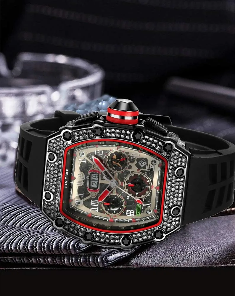 Wristwatch Silicone Leather Band PINTIME Mens Bling Punk Chronograph Watch Iced Out Diamond Designer Watch Unique Fashion Style exhibit recession floe Quartz Sports 