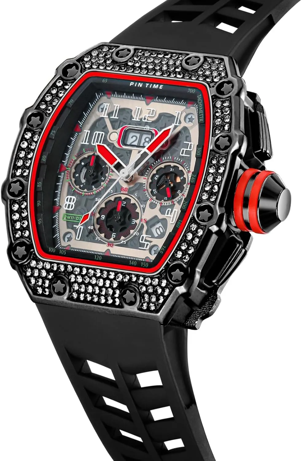 Wristwatch Silicone Leather Band PINTIME Mens Bling Punk Chronograph Watch Iced Out Diamond Designer Watch Unique Fashion Style exhibit recession floe Quartz Sports 