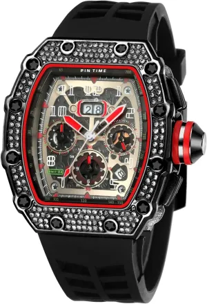 Wristwatch Silicone Leather Band PINTIME Mens Bling Punk Chronograph Watch Iced Out Diamond Designer Watch Unique Fashion Style exhibit recession floe Quartz Sports 