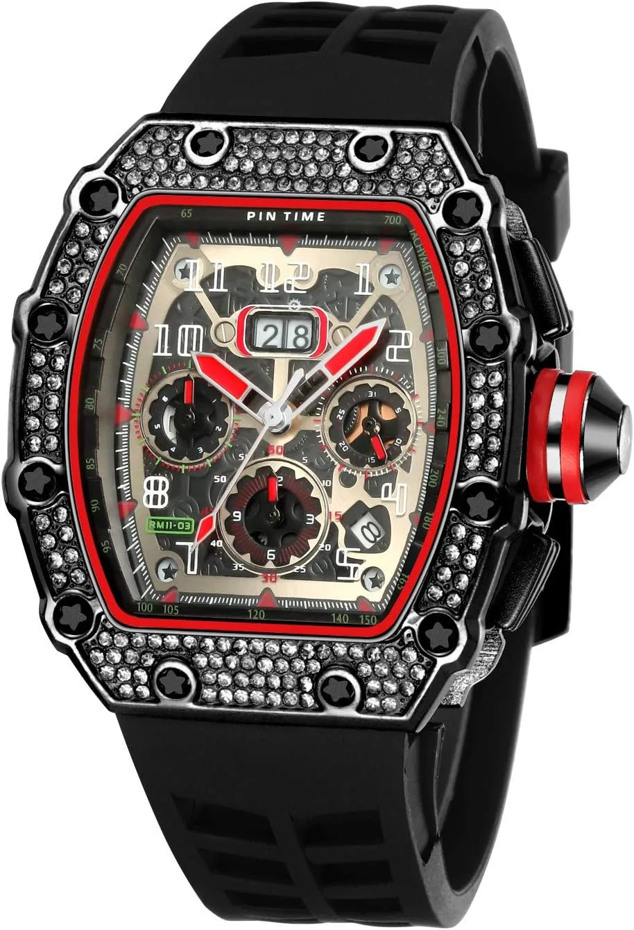 Wristwatch Silicone Leather Band PINTIME Mens Bling Punk Chronograph Watch Iced Out Diamond Designer Watch Unique Fashion Style exhibit recession floe Quartz Sports 