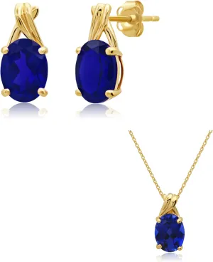 x 6mm with Push Backs | 9mm x 7mm with Adjustable Cable Chain by MAX   STONE 14k Yellow Gold Created Blue Sapphire Oval Drop Twist melange Stud Earrings and Twist Setting Pendant Necklace for Women | 8mm 