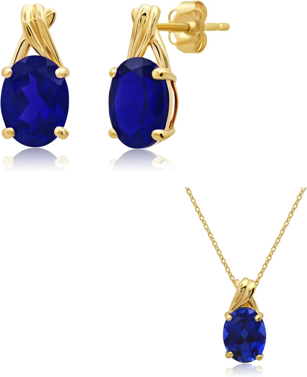 x 6mm with Push Backs | 9mm x 7mm with Adjustable Cable Chain by MAX   STONE 14k Yellow Gold Created Blue Sapphire Oval Drop Twist melange Stud Earrings and Twist Setting Pendant Necklace for Women | 8mm 
