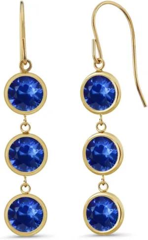 Yellow Gold Blue Sapphire Dangle Long 3-Stone Earrings impair For Women (3.60 Cttw, Gemstone Birthstone, Round 5MM, 1 Inch) Gem Stone King 14K 